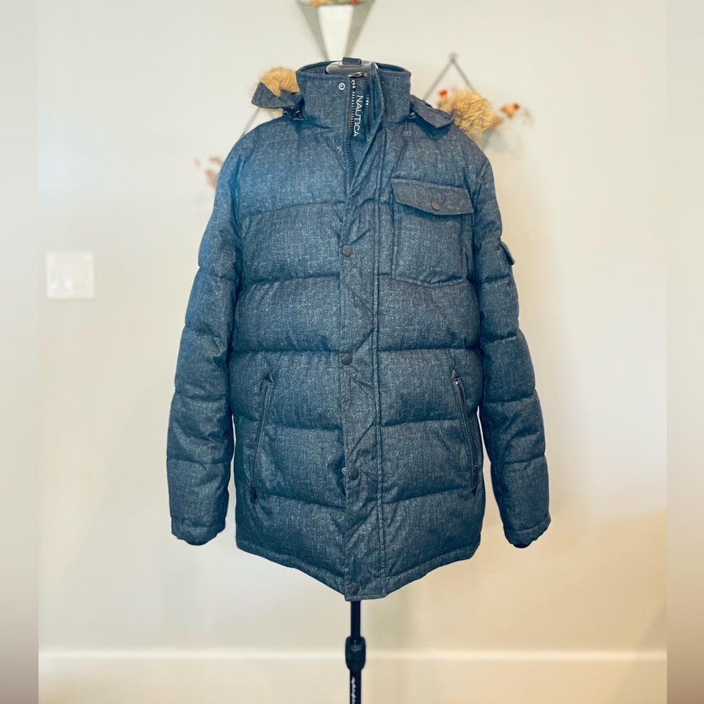 Nautica Blue and Gray Faux Fur Hooded Parka